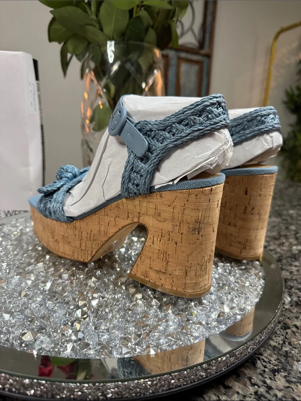 Nine West Comiele Light Blue denim Braided Cork Platform SandalsNEW 9